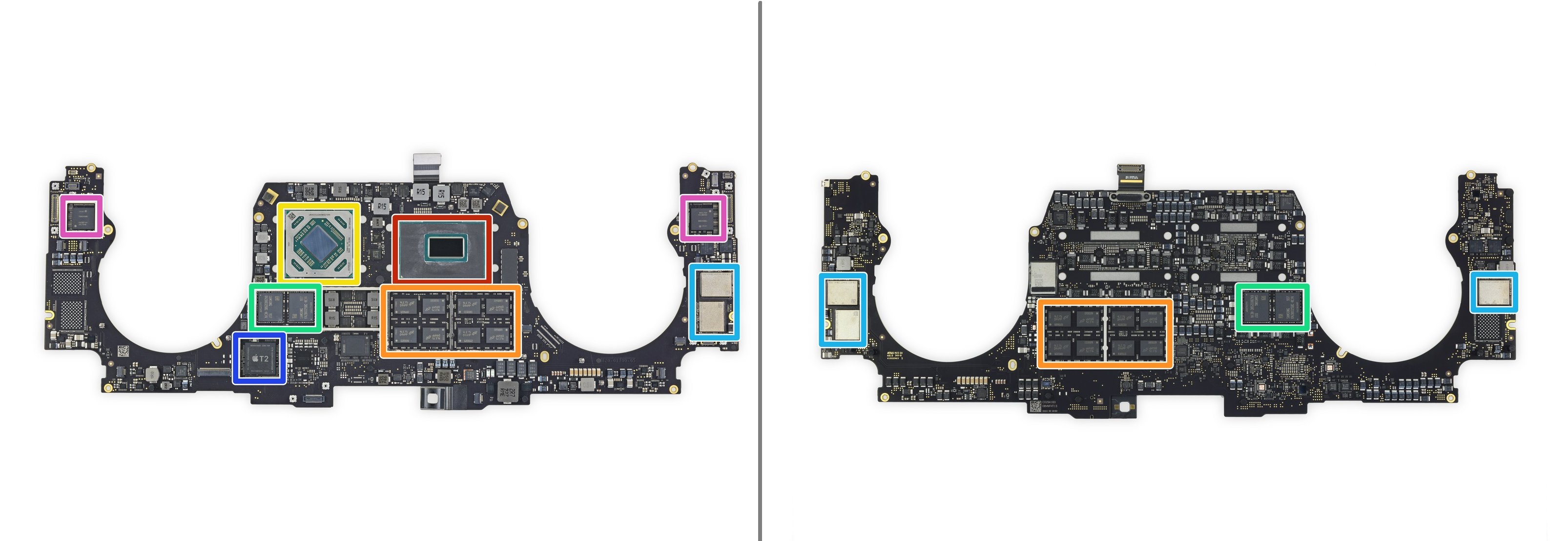 重头戏来了，最新的MacBook Pro的“最强”芯片阵营：  红色：第九代Intel酷睿i7-9750H 6核处理器 橙色：16颗 美光 MT40A1G8SA-075 8 Gb DDR4 SDRAM（共16 GB） 黄色：AMD Radeon Pro 5300显卡 绿色：4颗 三星 K4Z80325BC-HC14 8 Gb GDDR6 RAM（4GB显存） 粉紫色：东芝  TSB4227VE8434CHNA11926 和 TSB4227VE8437CHNA11926闪存（共512 GB） 深蓝色：苹果 T2 APL1027 339S00536协处理器 浅蓝色：Intel JHL7540雷雳3控制器 